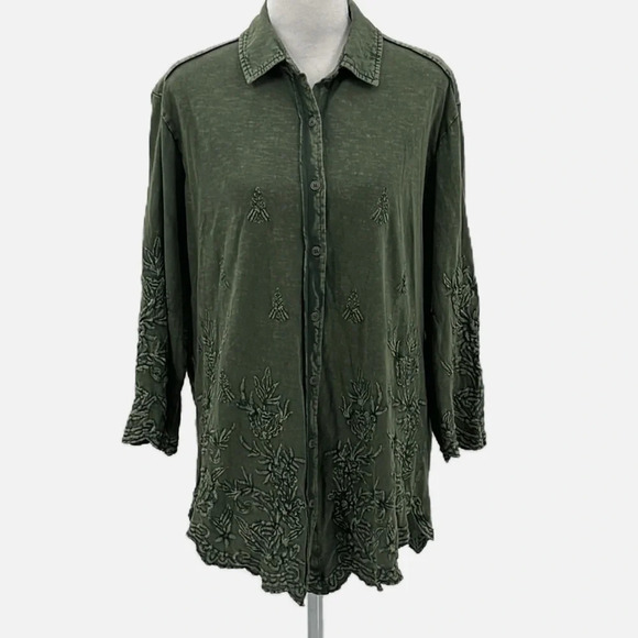 Caite Forest Embroidered Cotton Button Top in Envy Green - NEW - Size Small - Picture 3 of 10